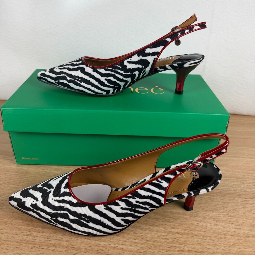 J Renee Battista Size 7.5W Women's Zebra Print Slingback Kitten Heels NWT